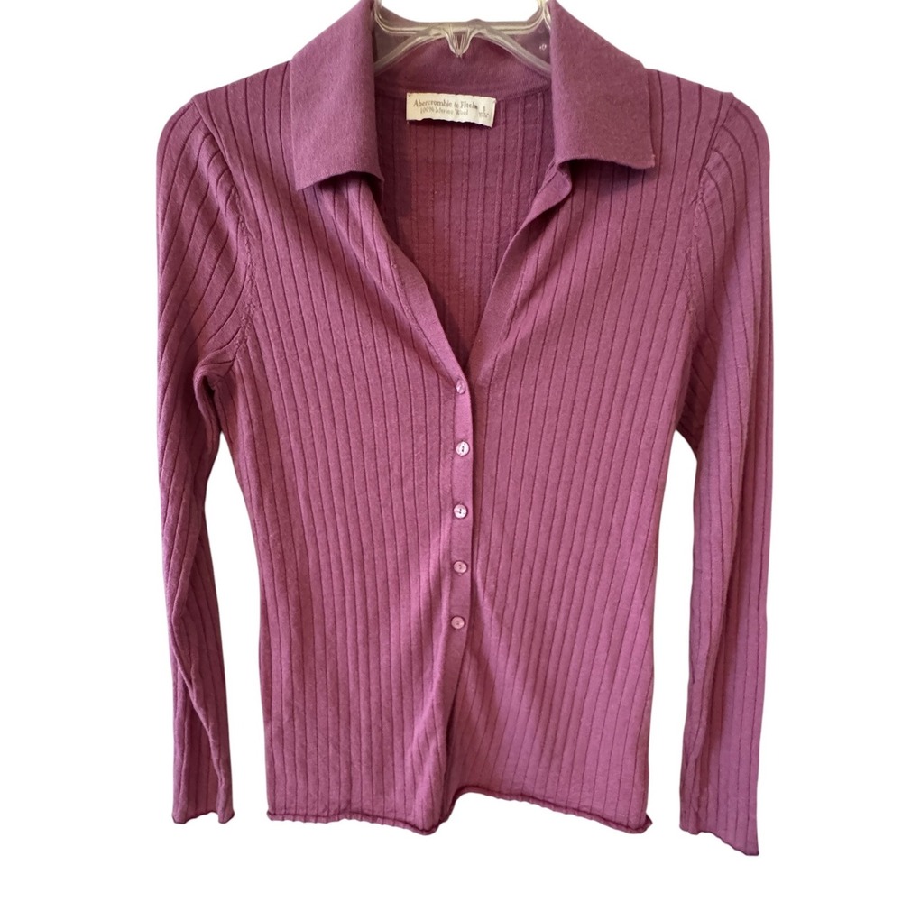 Abercrombie & Fitch Women Plum Purple 100% Merino Wool Ribbed Cardigan Sweater S